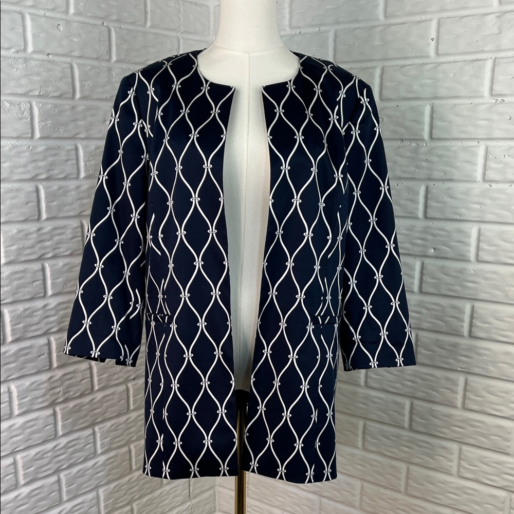 TALBOTS PETITES TRELLIS PATTERN OPEN FRONT JACKET NAVY WHITE LINED SZ 16